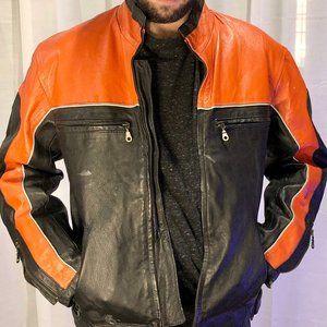 Y2k Leather Motorcycle Jacke Black and Orange Panels with Grey Reflective Pipin